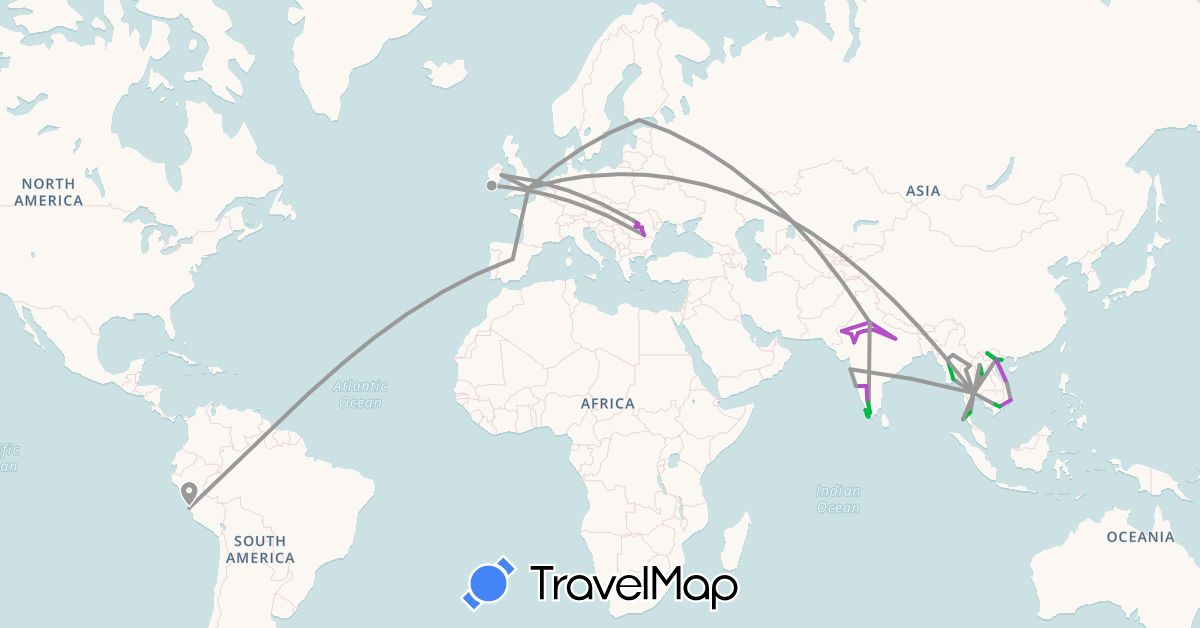 TravelMap itinerary: bus, plane, train in Spain, Finland, United Kingdom, Ireland, India, Cambodia, Laos, Myanmar (Burma), Peru, Romania, Thailand, Vietnam (Asia, Europe, South America)